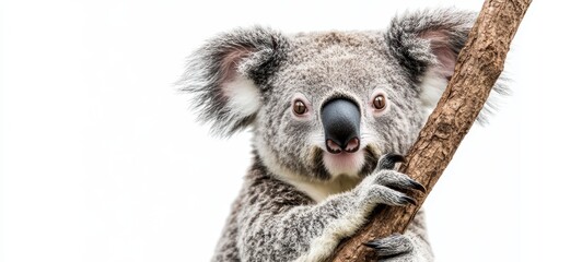 Fototapeta premium A sleepy koala with its large, round eyes and fuzzy ears, clinging to a branch against a stark white background