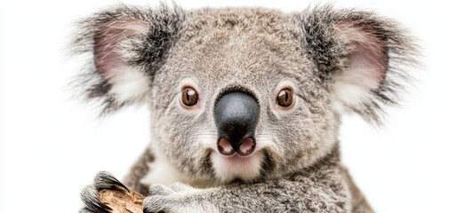 Naklejka premium A sleepy koala with its large, round eyes and fuzzy ears, clinging to a branch against a stark white background