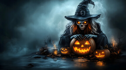 Scary Spooky Halloween with Monster Skull, Crossbones, Witch, and Pumpkin – October Background