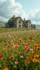 Charming old house surrounded by colorful wildflowers under a cloudy sky