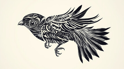 Obraz premium Tattoo-inspired bird illustration in black and white for t-shirt design with bold lines and traditional elements. Stencil Art. Illustration