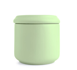 Jar for bathroom accessories on white background