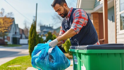 A man in a plaid shirt and vest throws a blue garbage bag into a green bin outside a suburban house, showcasing responsible waste management and clean neighborhood initiative.