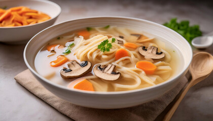 Bowl of mushroom noodle soup with carrots and parsley