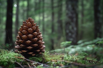 A Single Pine Cone on a Bed of Moss in a Forest