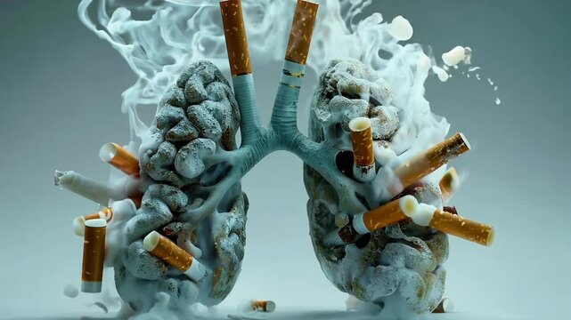 Animated Lungs Damaged by Smoking with Cigarettes in Misty Background