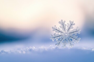 A Single Snowflake Resting on a Snowy Surface with a Blurry Sky Background