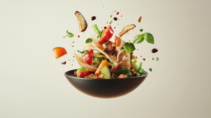vibrant floating stir fry dish featuring colorful vegetables and aromatic herbs, creating delightful culinary experience. mix of textures and flavors is visually appealing and appetizing