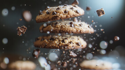Delicious floating cookies with chocolate chips and crumbs create delightful scene, evoking sense of joy and indulgence. dynamic arrangement captures essence of sweet treat