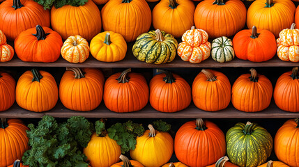 Colorful Pumpkins and Gourds at Autumn Market – Seamless Background