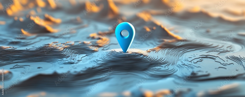 Poster blue location pin on abstract topographic map, modern navigation concept