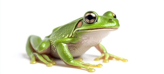 Obraz premium A vibrant green frog poised on a white background