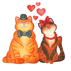 Composition of a cat and a cat in love wearing bows. Watercolor illustration done by hand in a childish style. Drawing for invitations, posters, cards. Love, heart, cat, cats, bow, red, relationship, 