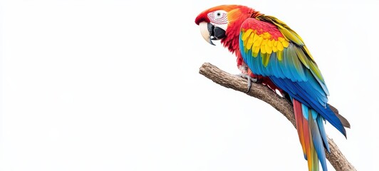 Fototapeta premium A vibrant parrot perched on a branch, with its bright, multicolored feathers standing out vividly against a white backdrop