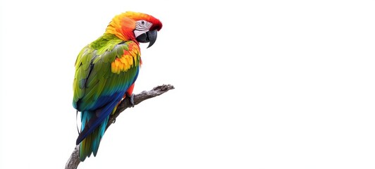 Obraz premium A vibrant parrot perched on a branch, with its bright, multicolored feathers standing out vividly against a white backdrop