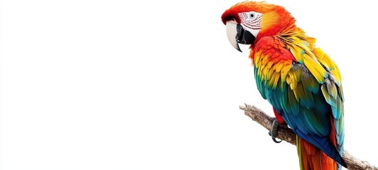 A vibrant parrot perched on a branch, with its bright, multicolored feathers standing out vividly against a white backdrop