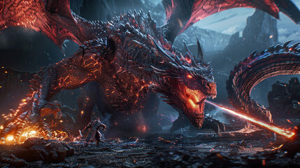 Gigantic dragon creature in a game scenario fighting a hero character.