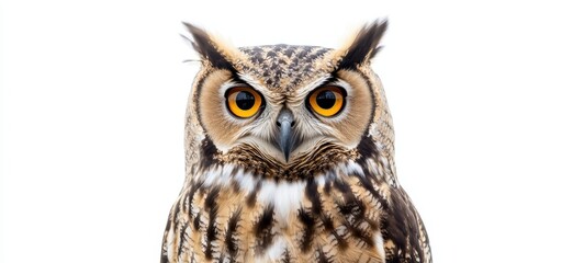 Fototapeta premium A wise owl with large, round eyes and detailed plumage, perched confidently against a stark white background