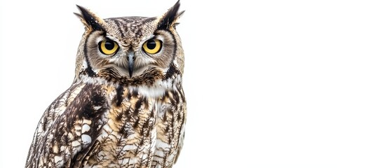 Obraz premium A wise owl with large, round eyes and detailed plumage, perched confidently against a stark white background
