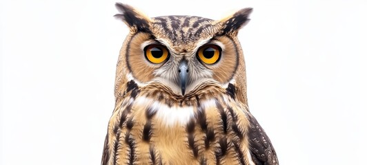 Naklejka premium A wise owl with large, round eyes and detailed plumage, perched confidently against a stark white background