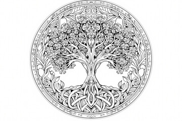 Intricate black and white illustration of a tree with detailed roots and leaves, symbolizing life and growth.