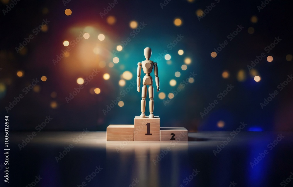 Aufkleber a wooden figure stands on a podium with the number one in front of it, while the number two is behin
