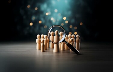 A magnifying glass focuses on a single wooden figure in a row of similar figures, all standing on a dark tabletop.