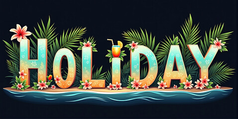 The word holiday made up of objects that express holidays, palm trees under the tropical sun, holiday feelings