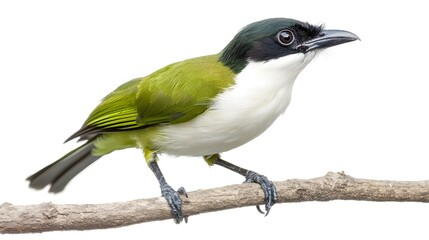 Fototapeta premium Bare-throated Bellbird Perched on a Branch on a White Background, Photo Realistic, Wallpaper, Cover and Screen for Smartphone, PC, Laptop, 9:16 and 16:9 Format