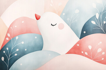 A peaceful bird nestled in colorful abstract hills, evoking calmness and serenity in a dreamy landscape.