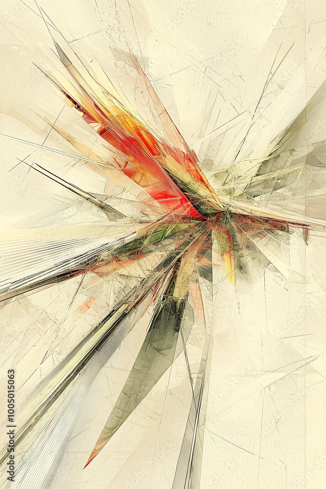Aufkleber abstract art with sharp, intersecting lines and vibrant splashes of red and yellow on a beige backgr