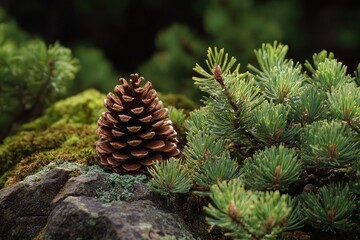 Fototapeta premium A Single Pine Cone Resting on Mossy Rock