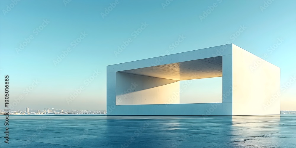 Poster a minimalist white structure with a large open window framing a cityscape in the distance. the setti