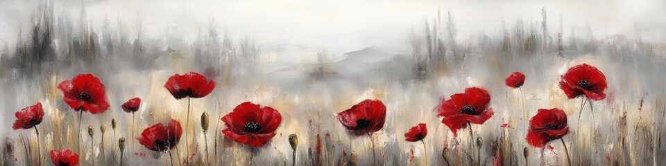 Red poppies in misty field for Remembrance Day, Poppy Day, Veterans Day, Anzac Day