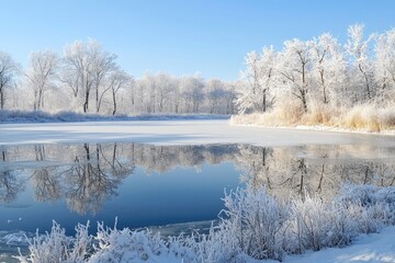 Snow-Covered Trees Reflected in a Frozen Lake