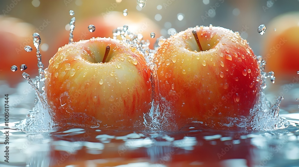 Poster two red apples with water droplets splash into a clear pool of water, creating a refreshing and vibr