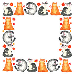 Square frame of cats and flowers in folk style. Hand drawn watercolor illustration. Drawing for cards, invitations. Plants, folk, flowers, style, scandinavian, invitation, postcard, traditional, frame