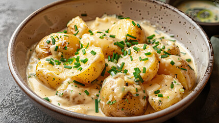 Fototapeta premium golden potatoes in a creamy cheese sauce, with chives sprinkled on top.