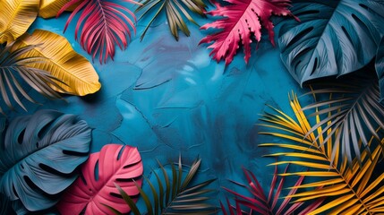 Tropical Leaves on Blue Background with Space for Text.