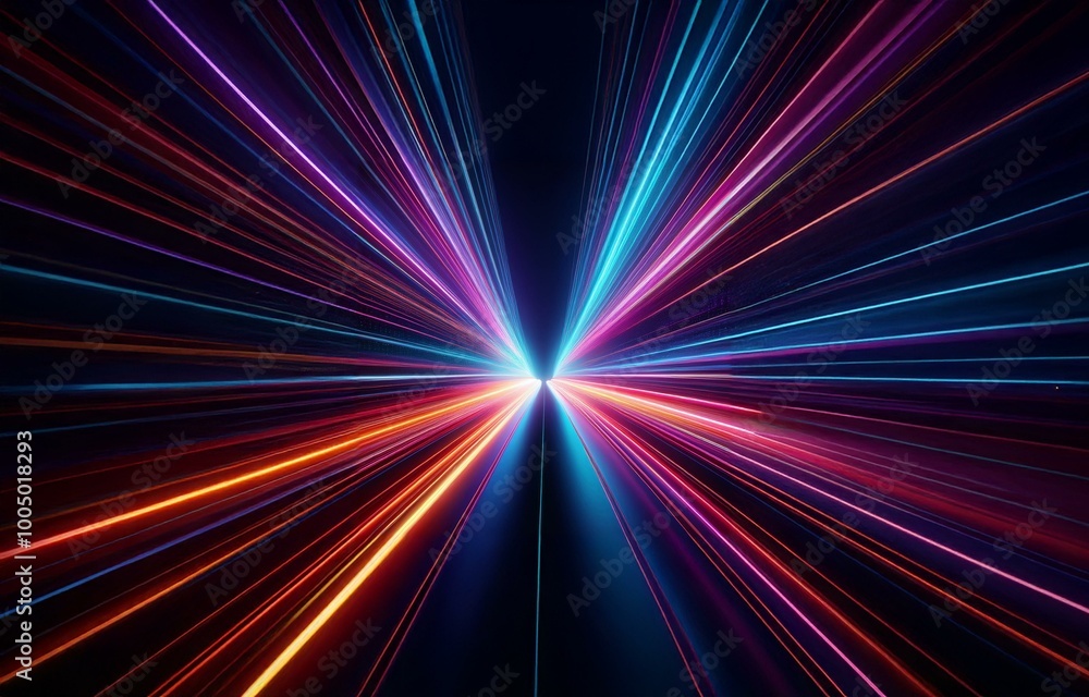 Poster abstract dark background with multiple vibrant neon lines radiating out from a central point, creati