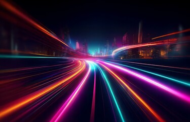A night cityscape with a long exposure shot of colorful light streaks on a curved road.