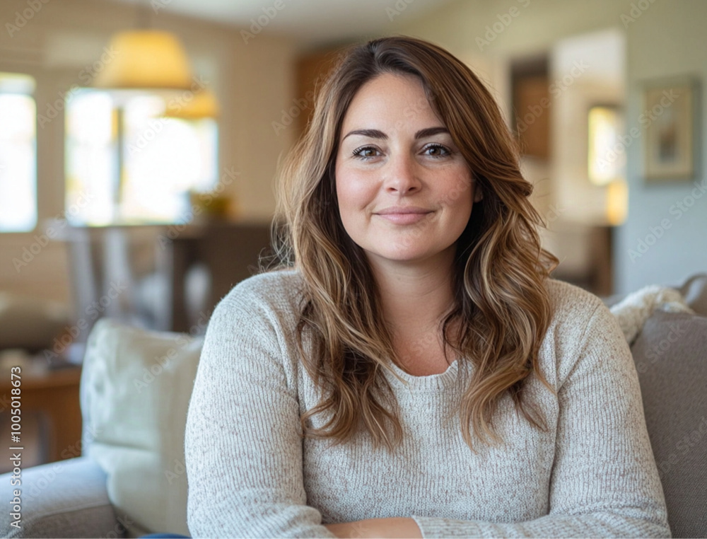 Wall mural confident, overweight 35 year old brunette woman in an open layout home. she has a confident look. she is nicely dressed in jeans and a solid sweater. her hair is straight and down.