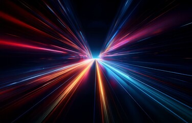 Obraz premium Abstract streaks of red, blue, and orange light radiate outward from a central point in a dark background.