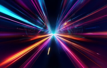 Abstract digital art with glowing, colorful streaks of light converging in the center on a black background.