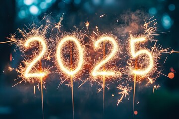 Celebratory display of sparkling fireworks forming the year 2025 at night in a festive outdoor setting. Generative AI