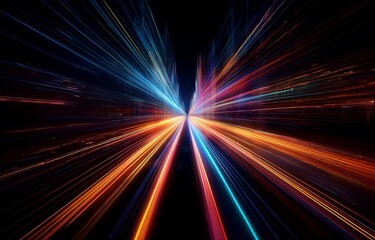 Abstract image of glowing lines of blue, red, and orange radiating from a central point, creating a sense of speed and movement.