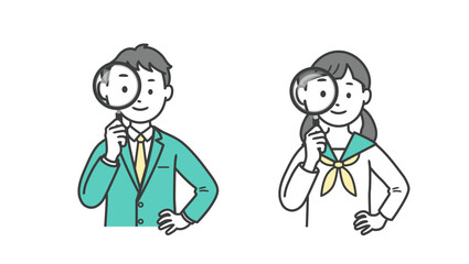 虫眼鏡を持つ男女の学生の上半身イラスト