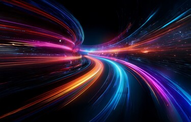 Obraz premium Abstract, colorful, glowing, light streaks curve through a black background.
