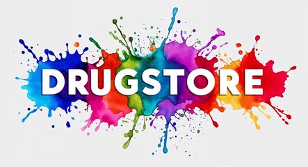 Drugstore word lettering on colorful paint watercolor splash on plain white background