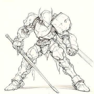 recommend clip art: A detailed line drawing of a robot warrior in full armor, wielding a sword.